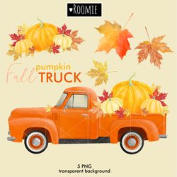 Pumpkin Truck, Fall Halloween retro car, Watercolor clipart