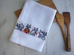 Halloween cats embroidered waffle towel, embroidered kitchen towels, hanging dish towel, halloween towel