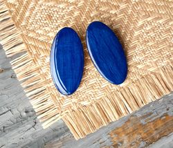 Big Oval Royal Blue Wooden Earrings Lightweight bohemian studs