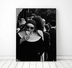 Vintage wall art printable nun ice cream, Retro Photo Printable funny nun, Black and White Photo