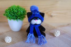 Cat stuffed animal is toy black cat. Crochet cat in clothing is cat lover gift. Amigurumi is best friend gift.
