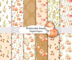 Watercolor foxes, seamless patterns.