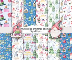 Watercolor christmas gnomes, seamless patterns.