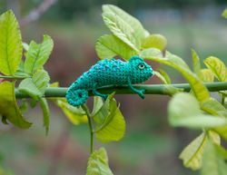 tiny teal-green chameleon, miniature turquoise exotic animal reptile, chameleon mini figurine for dollhouse or diorama