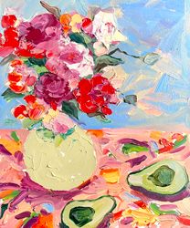Roses and Avocado Oil painting on cardboard Original art Flowers bouquet painting Fauvism art Fruits and flowers Decor
