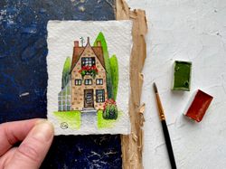 Painting of house ACEO Original art Cottage watercolor Miniature artwork 2.5x3.5 by Rubinova