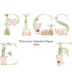 Watercolor animals alphabet, pigs, letter wall decor.