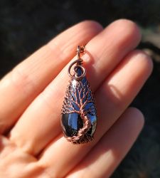 Ethnic Hematite Tree Of Life Amulet Necklace, Protection Talisman Pendant, Copper Wire Wrapped Jewelry, Mothers Day Gift