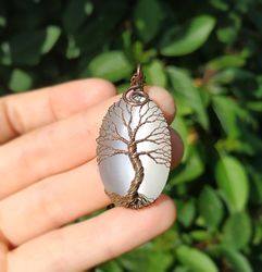 Ethnic Cats Eye Tree Of Life Pendant Necklace for Women, Protection Copper Wire Wrapped Yggdrasil World Tree Necklace