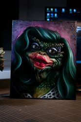 Original oil painting Gremlins , Horror portrait Greta, Hand painted, 80s movie
