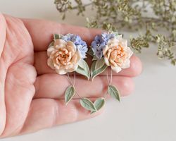 Blush Peach Peony Rose Earrings. Flower earrings. Blue Hydrangea Flower. Polymer Clay Earrings. Pastel Colors Earrings