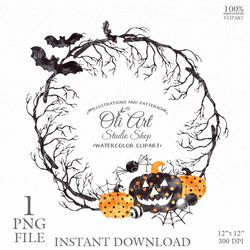 Happy Halloween Wreath, Pumpkin, Witch Hat. Hand painted clipart. Sublimation Png, Design Digital Download