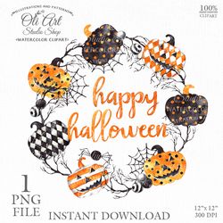 Happy Halloween Wreath, Pumpkin, Witch Hat. Hand painted clipart. Sublimation Png, Design Digital Download