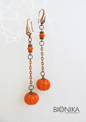 Pumpkin earrings Long hanging earrings Vegetable earrings Halloween earrings Miniature pumpkin Autumn orange earrings