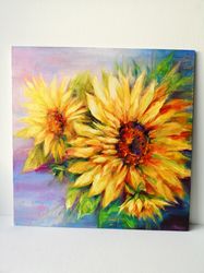 Sunflower Original Art Oil Painting on Canvas panel Flowers Wall Art 30 x30 cm.