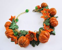 Pumpkin bracelet clay Flower bracelet Vegetables floral bracelet Halloween jewelry Autumn orange bracelet gift farmer