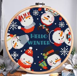 Snowman cross stitch pattern, Snowman ornament cross stitch, Hello winter cross stitch, Funny christmas cross stitch