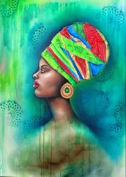 Original large oil painting on canvas beautiful  african woman 70x100cm