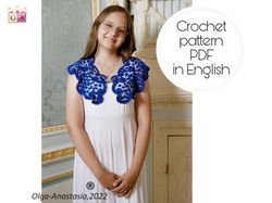 Lace blue detachable collar crochet pattern , collar crochet pattern , crochet pattern , crochet flower pattern .