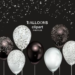 White and Black balloons clipart, Glitter Balloons Clipart, halloween decor, balloons bunches , Party Balloons, PNG
