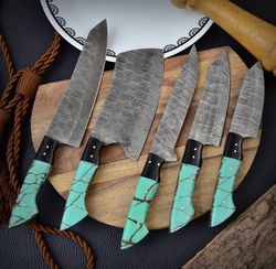 5 PC Custom Handmade Hand Forged Damascus Steel Chef Knife Set