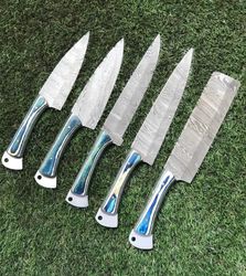 5 Pc Custom Handmade Hand Forged Damascus Steel Chef Knife Sets