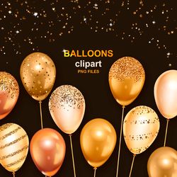 Gold Balloons Clipart, Party Balloons, Glitter balloons, Balloons bunches, Transparent PNG