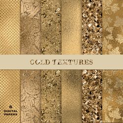 Gold Texture Paper, Gold Digital Paper, Gold Scrapbook Paper,  Seamless textures. Gold backgrounds