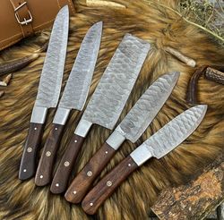 5 pc handmade forged damascus steel chef knife set kitchen knives