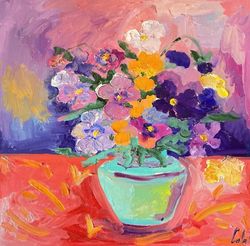 Pansies flowers painting oil painting on canvas panel Fauvism art Flowers bouquet Still life Matisse inspired art