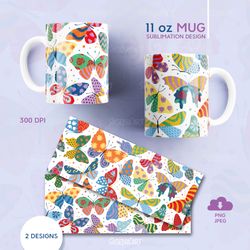 11oz Coffee Mug Sublimation Template, Butterfly Design Mug, Sublimation Mug Design