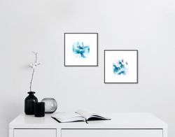 Blue Turquoise abstract wall art set Original floral painting Modern Minimalist Expressionist Small art for home decor