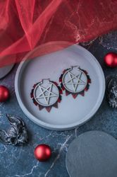 Pentagram earrings with bloody drops. Inverted pentagram, occult and goth jewelry