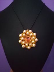 Round pendant hanging, Pendant rivoli and pearls , Lace Necklace , Round pendant