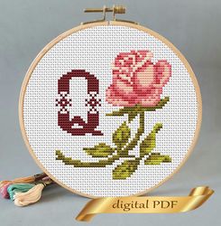 Floral letter Q pdf cross stitch Flower monogram alphabet easy embroidery