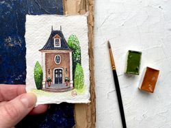 Mini painting ACEO Original art French house watercolor Miniature wall art 2.5x3.5 by Rubinova