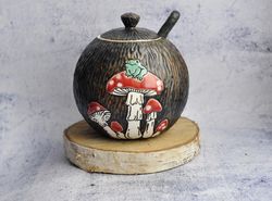 Mushroom and frog sugar bowl with lid and spoon, goblincore kitchen jar, ceramic amanita pot, frog spice holder.