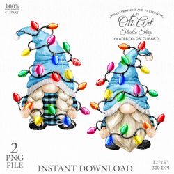 Christmas Lights Gnomes. Buffalo. Hand painted clipart. Sublimation Png, Design Digital Download. OliArtStudioShop