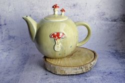 Amanita mushroom teapot 735ml, handmade ceramic kettle 25oz, fairy green teapot, forest teapot for gift, merry mushroom.