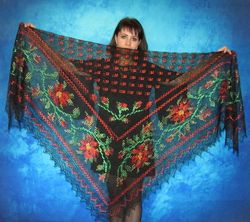 Black embroidered Orenburg Russian shawl, Hand knit cover up, Wool wrap, Lace stole, Warm bridal cape, Kerchief,Pashmina