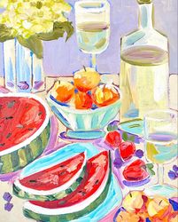 Oil painting Still life painting Watermelon and wine Fruits and flowers painting Hydrangea flowers Food painting Artwork