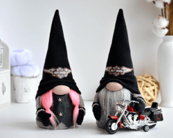 Pair of gnome bikers boy and girl. Modern country house decor