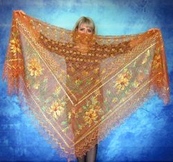 Ginger embroidered Orenburg Russian shawl, Hand knit cover up, Wool wrap, Handmade stole, Warm bridal cape, Kerchief