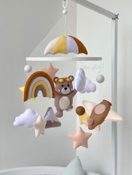 Travel baby mobile, nursery decor, airplane baby mobile, pilot bear, parachute rainbow and mountains, neutral mobile