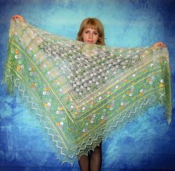 Green embroidered Orenburg Russian shawl, Hand knit cover up, Wool wrap, Handmade stole, Warm bridal cape, Lace kerchief