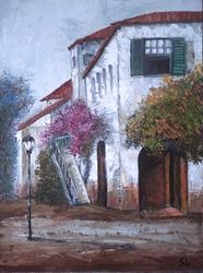 City Oil Painting Vintage House Original Art White House Handmade Flower History 16x12 inches