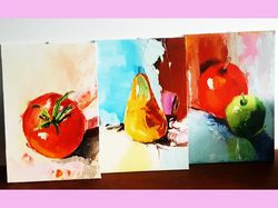 Fruit Painting On Canvas Small Still Life Painting 3D Art Original Artwork for Walls Impasto Textured Painting set of 3