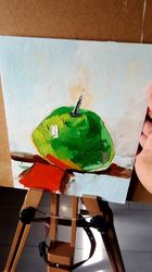 Green Apple Oil Painting On Canvas Small Still Life Painting Fruit Original Artwork for walls Impasto Textured