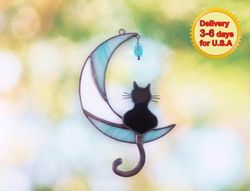 Black cat stained glass window hangings, Suncatcher crystal, Memorial gifts