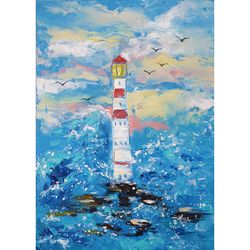 Lighthouse Painting Seascape Original Art Beach Wall Art Morris Island Small Oil Painting